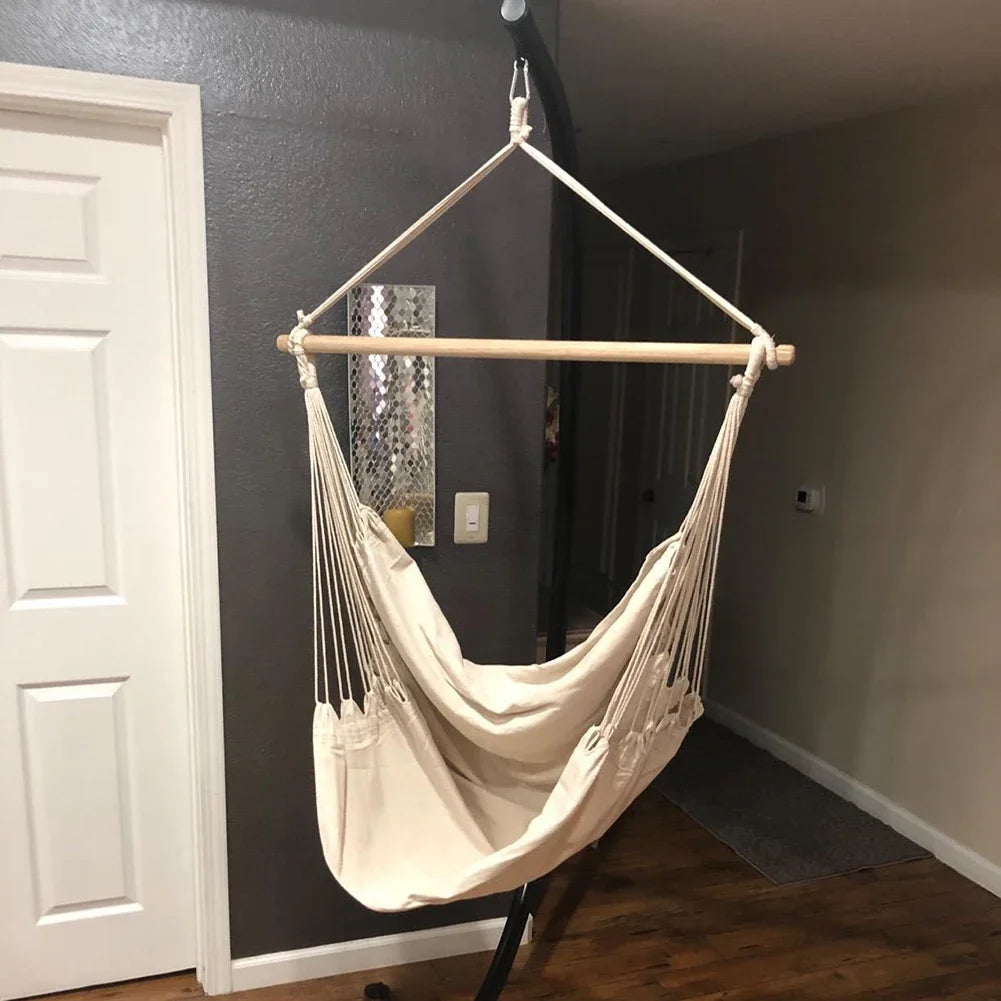 Cozy White Cotton Tassel Hammock Chair for Indoor & Outdoor Relaxation - Perfect for Garden, Patio, or Bedroom