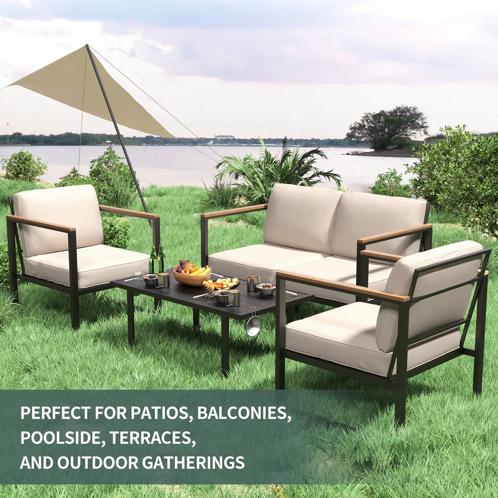 4-Piece Outdoor Patio Set, Metal Conversation Sofa with Washable Cushions, 2 Chairs & Coffee Table for Garden Balcony