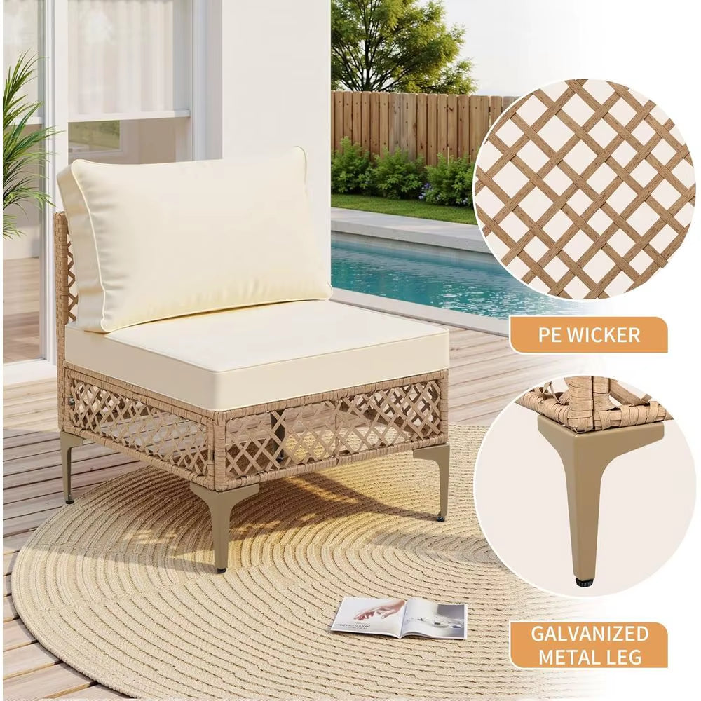 Stylish 7-Piece Yellow Wicker Outdoor Sectional Patio Furniture Set with Cushions & Glass Coffee Table for Backyard, Poolside, and Porch