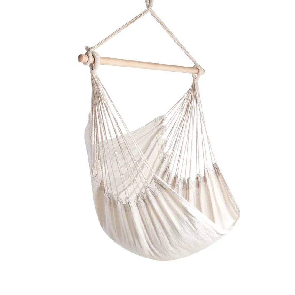 Cozy White Cotton Tassel Hammock Chair for Indoor & Outdoor Relaxation - Perfect for Garden, Patio, or Bedroom
