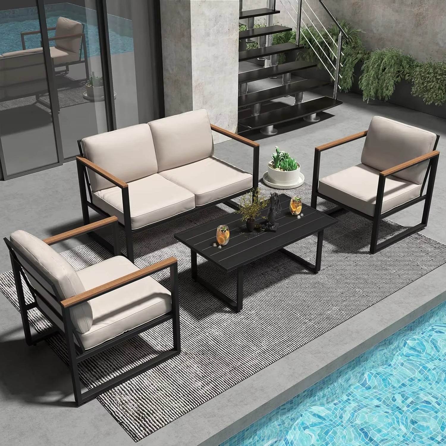 4-Piece Outdoor Patio Set, Metal Conversation Sofa with Washable Cushions, 2 Chairs & Coffee Table for Garden Balcony