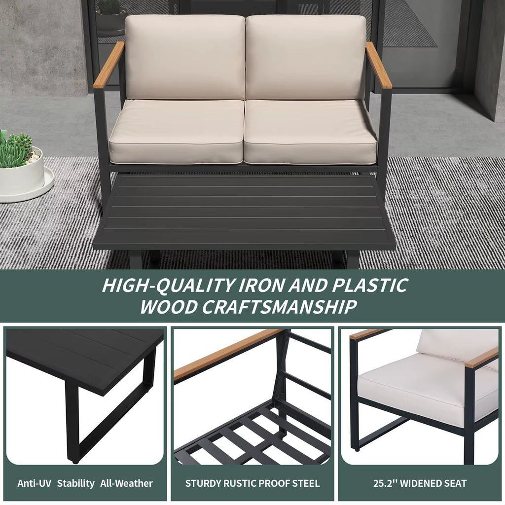 4-Piece Outdoor Patio Set, Metal Conversation Sofa with Washable Cushions, 2 Chairs & Coffee Table for Garden Balcony