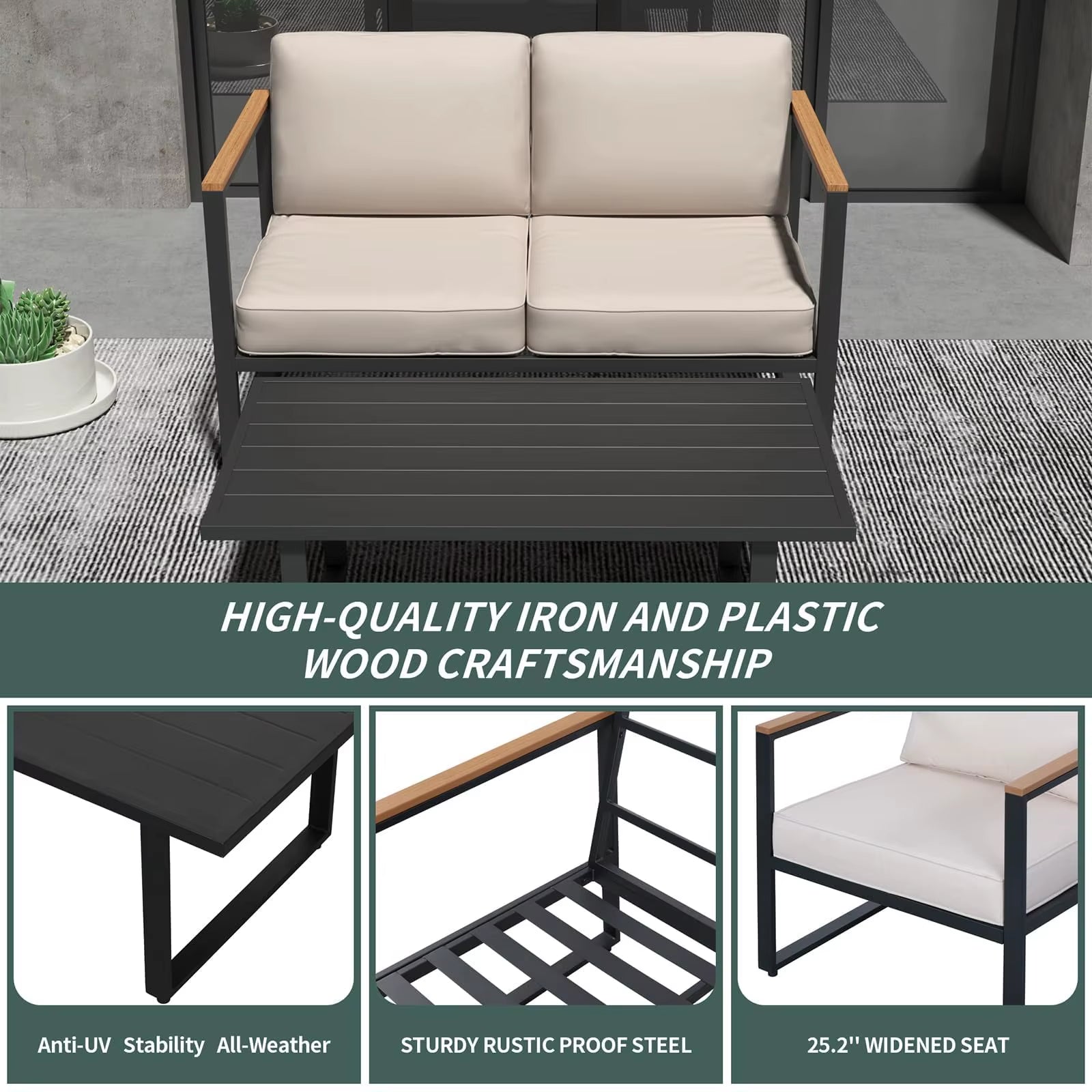 4-Piece Outdoor Patio Set, Metal Conversation Sofa with Washable Cushions, 2 Chairs & Coffee Table for Garden Balcony