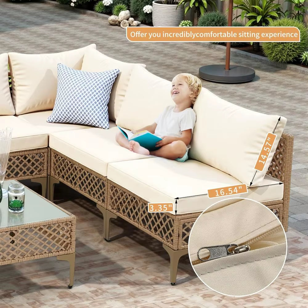 Stylish 7-Piece Yellow Wicker Outdoor Sectional Patio Furniture Set with Cushions & Glass Coffee Table for Backyard, Poolside, and Porch