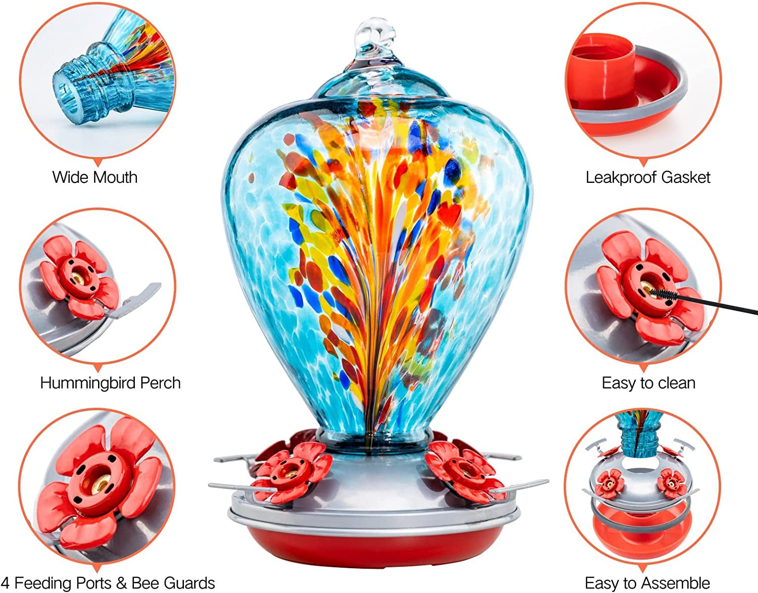 Hummingbird Feeders for Outdoors Hanging, Blown Glass Hummingbird Feeder Gifts for Women, Garden Decor Backyard Decor, Unique Gardening Gifts for Older Women, 34OZ, Comet