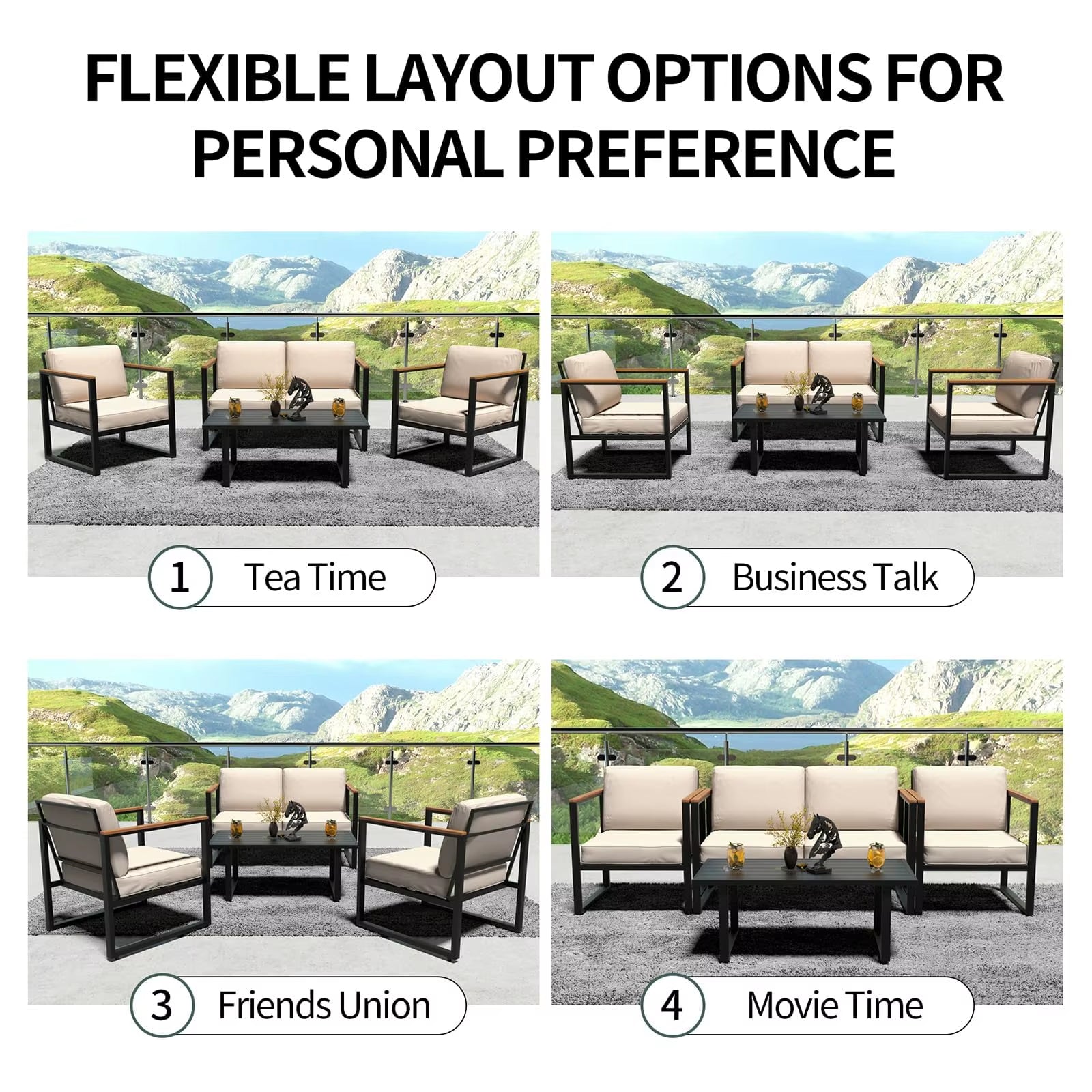 4-Piece Outdoor Patio Set, Metal Conversation Sofa with Washable Cushions, 2 Chairs & Coffee Table for Garden Balcony