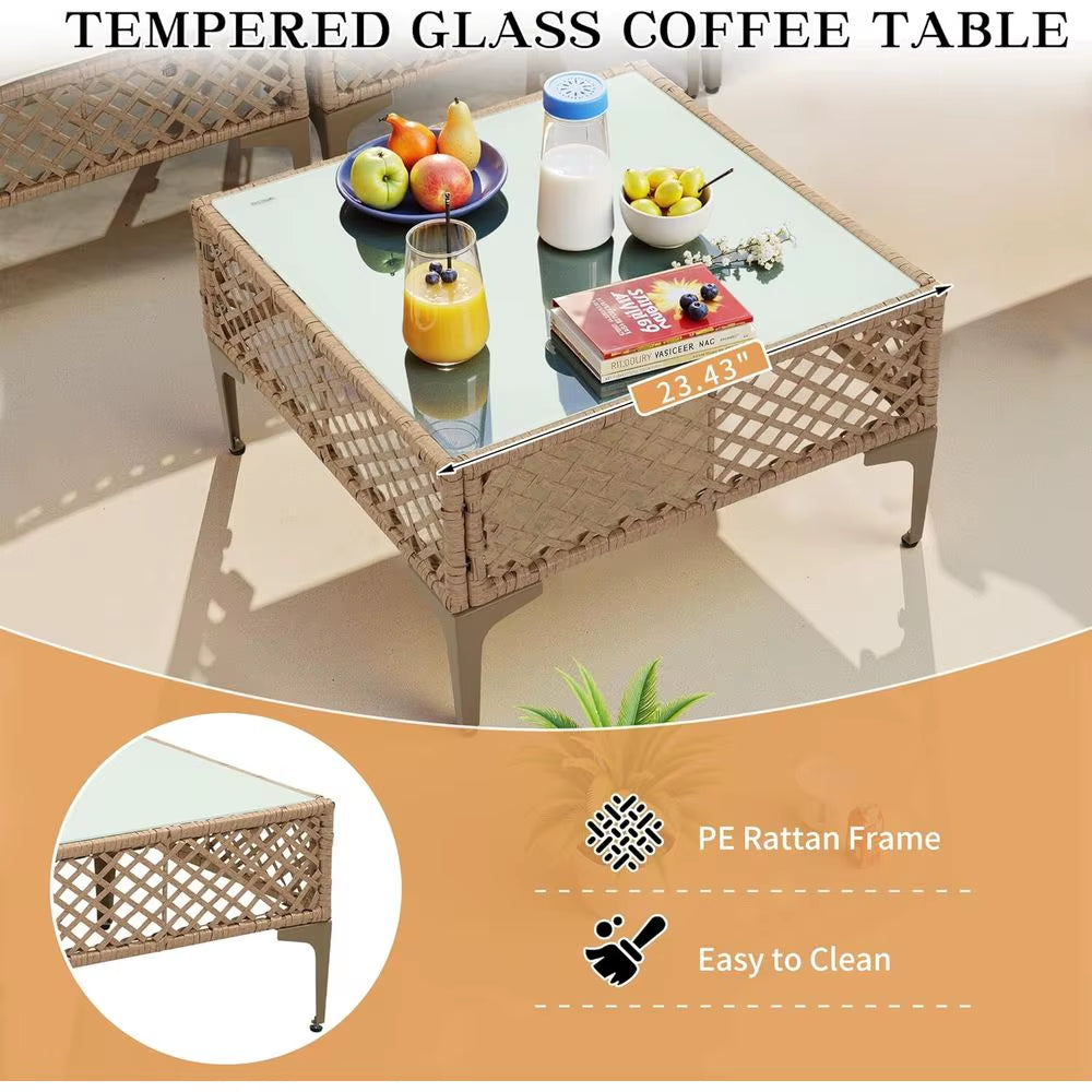 Stylish 7-Piece Yellow Wicker Outdoor Sectional Patio Furniture Set with Cushions & Glass Coffee Table for Backyard, Poolside, and Porch
