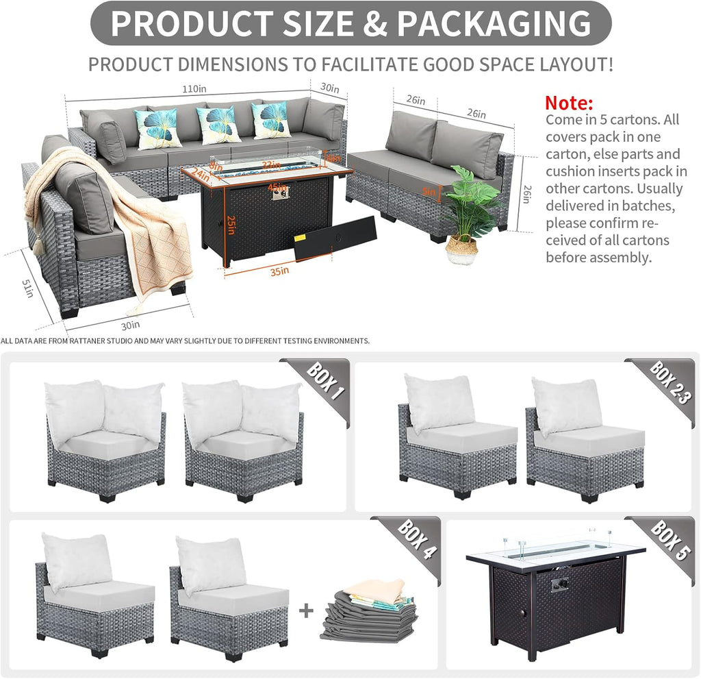 9 Pcs Patio Sectional Outdoor Furniture 45 Inches Fire Pit Outdoor Sectional Patio Furniture 60000 BTU Steel Propane Fire Pit Table Glass Wind Guard No-Slip 5" Cushions Waterproof Covers, Grey