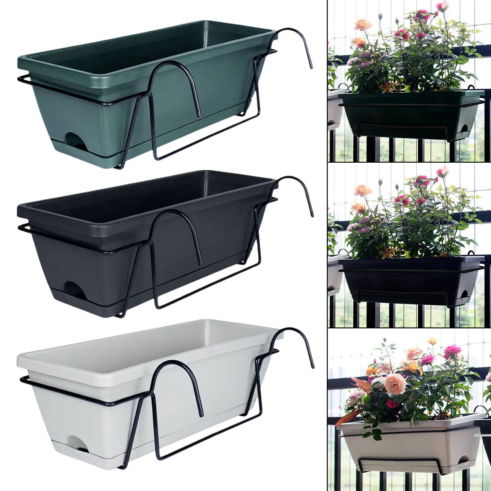 Balcony Railing Planter Plant Basket Fence Planter with Rack and Tray Flowerpot Window Box Planter for Deck Yard Countryside