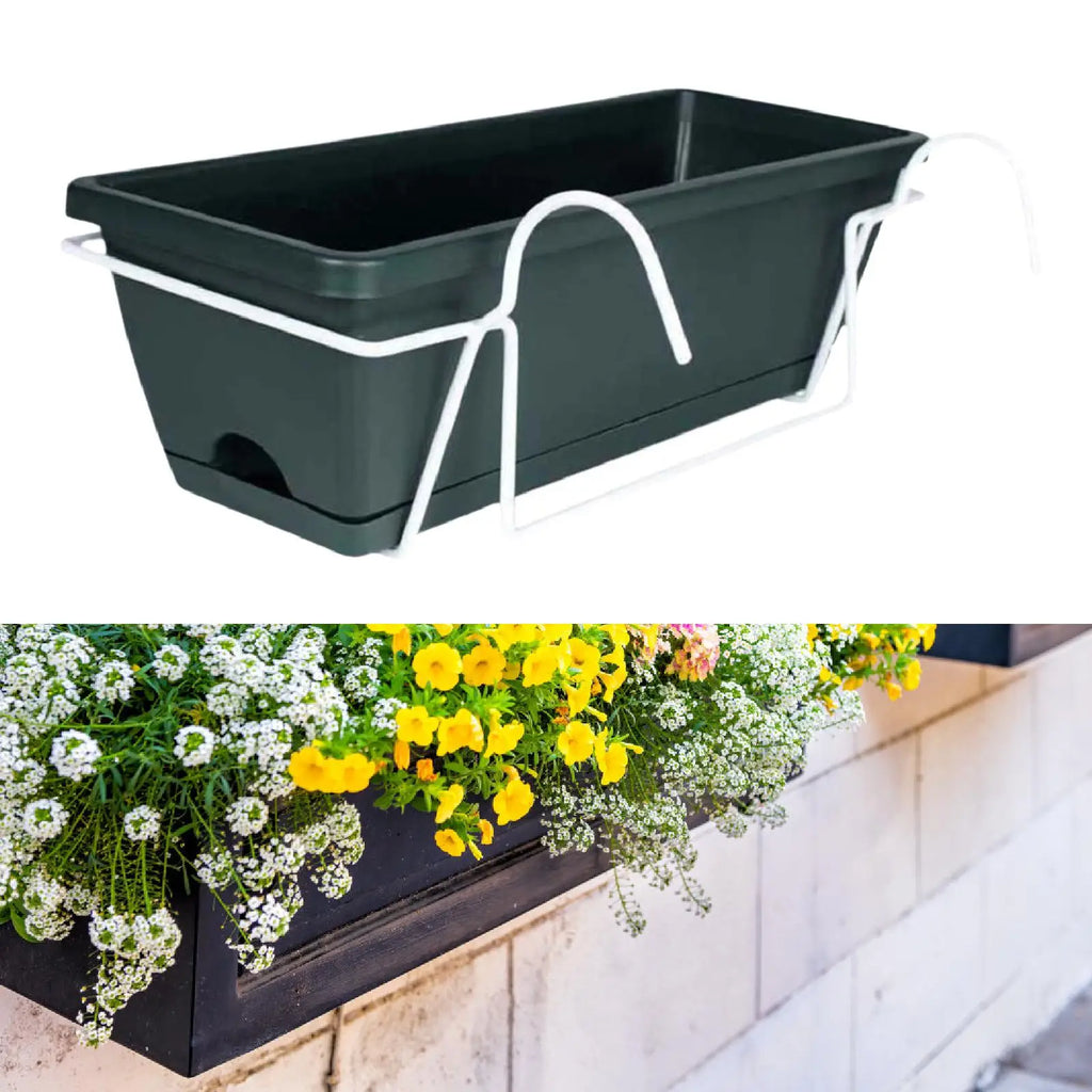 Balcony Railing Planter Plant Basket Fence Planter with Rack and Tray Flowerpot Window Box Planter for Deck Yard Countryside