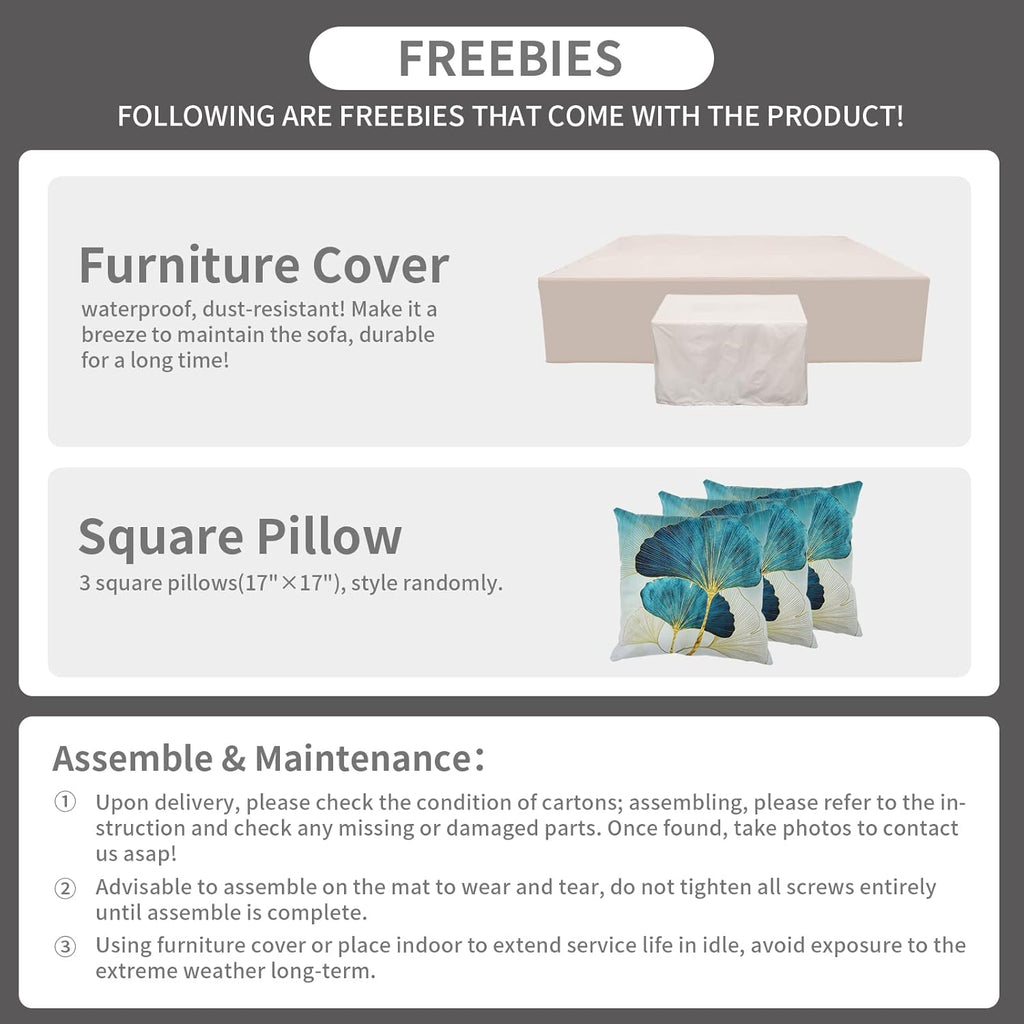 9 Pcs Patio Sectional Outdoor Furniture 45 Inches Fire Pit Outdoor Sectional Patio Furniture 60000 BTU Steel Propane Fire Pit Table Glass Wind Guard No-Slip 5" Cushions Waterproof Covers, Grey