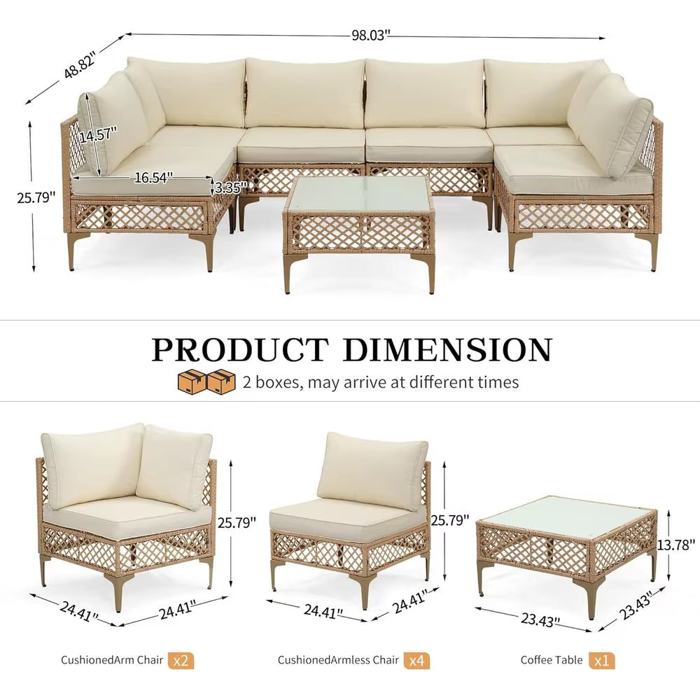 Stylish 7-Piece Yellow Wicker Outdoor Sectional Patio Furniture Set with Cushions & Glass Coffee Table for Backyard, Poolside, and Porch