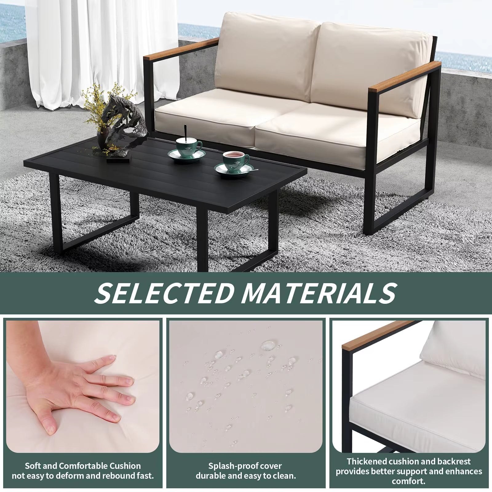 4-Piece Outdoor Patio Set, Metal Conversation Sofa with Washable Cushions, 2 Chairs & Coffee Table for Garden Balcony