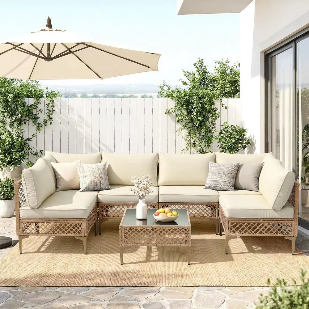 Stylish 7-Piece Yellow Wicker Outdoor Sectional Patio Furniture Set with Cushions & Glass Coffee Table for Backyard, Poolside, and Porch