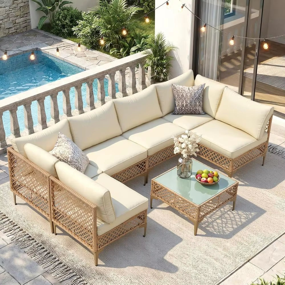 Stylish 7-Piece Yellow Wicker Outdoor Sectional Patio Furniture Set with Cushions & Glass Coffee Table for Backyard, Poolside, and Porch