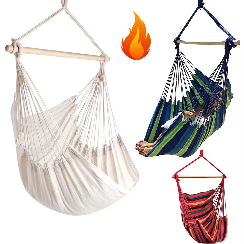 Cozy White Cotton Tassel Hammock Chair for Indoor & Outdoor Relaxation - Perfect for Garden, Patio, or Bedroom